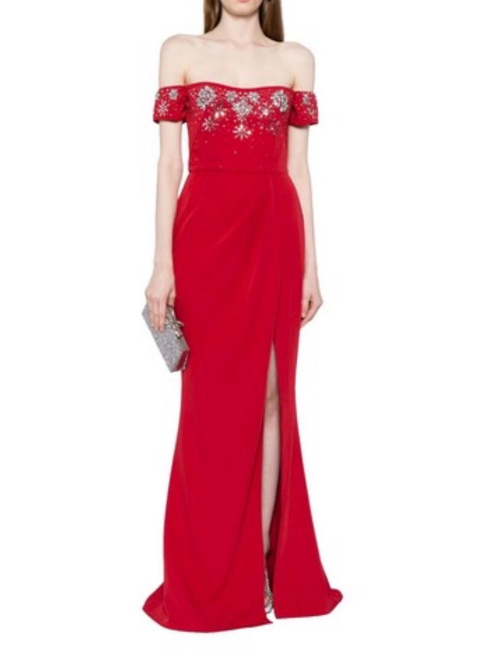 Marchesa Notte Off-Shoulder Embellished Evening Gown